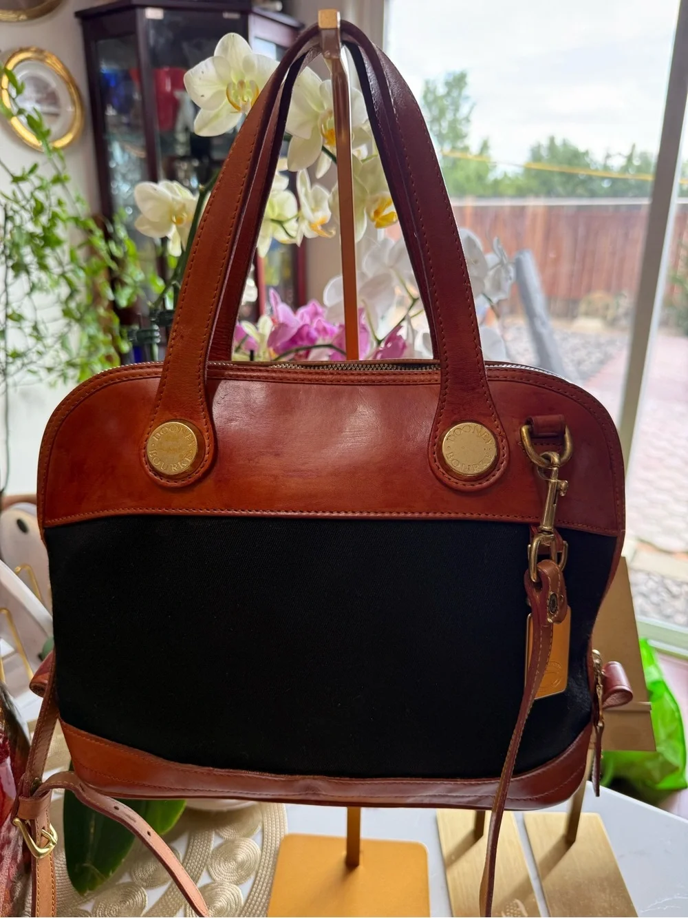 Dooney & Bourke Black Canvas Satchel with Brown Leather Trim